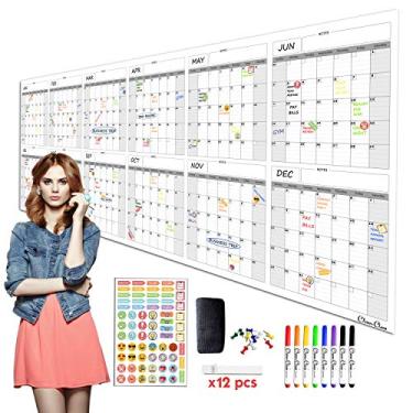 Imagem de Grande calendário de parede apagável a seco reutilizável – 91,44 cm x 243,98 cm 2019-2020 Agenda sem data para casa, escritório, projetos escolares – Organizador de tarefas laminado jumbo, 36"x96"