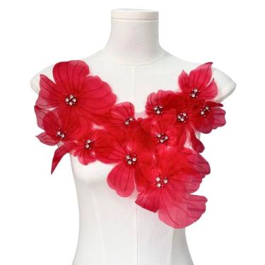 Imagem de JRYYR Aplique de renda de flores, adesivos de bordado 3D para vestidos, apliques de flores para roupas, bolsas, joias artesanais (vermelho-2)