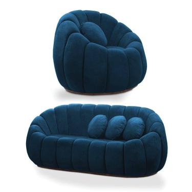 Imagem de Sofá 2 Lugares com Poltrona Giratória Orgânica Cloud Bouclê Azul Marinho E03 - D`Rossi