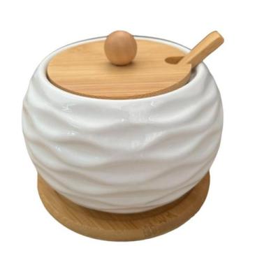 Imagem de Porta Condimento Cerâmica Branco Tampa e Bandeja de Bambu - YASAA