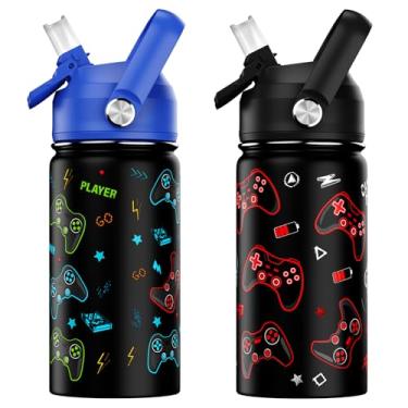 Imagem de ACESAK Garrafa de água infantil isolada de 400 ml com tampa de canudo – Copo infantil de aço inoxidável 18/8 de viagem, parede dupla, à prova de vazamento, portátil (jogo azul + vermelho)