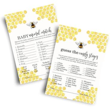 Imagem de Pacote de jogo de chá de bebê Bumblebee para 25 convidados, conjunto inclui jogo de bebê animal combinando – cartões de atividade de adivinhação de doces revelar mamãe para abelha amarelo e preto (tamanho 5 x 7) festa inteligente de papel