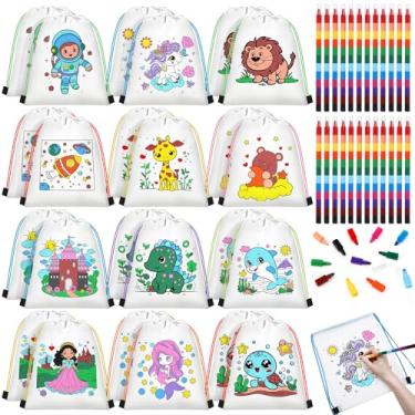 Imagem de Dansydaisy 24 sacos coloridos com cordão com 24 peças de giz de cera empilháveis (12 cores em uma) Bolsa de presente de devolução para aniversário, casamento, videogame, lembrancinhas de festa,