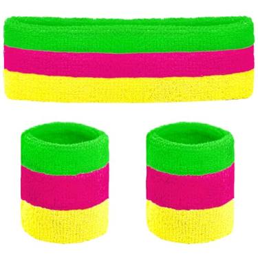 Imagem de Ronglry Conjunto de faixas de suor neon dos anos 80 anos 90, roupas para mulheres, pulseira esportiva e faixa de cabeça neon para suor dos anos 80, acessórios para mulheres, faixa de suor para festa