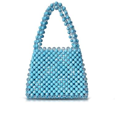 Imagem de QTKJ Bolsa feminina clutch com contas, bolsas de noite, bolsa de ombro quadrada, bolsas para festas, casamentos, viagens (azul), Azul, One Size