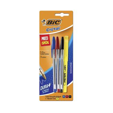 Imagem de Kit Caneta Esferográfica Bic Cristal Dura Mais 3 Unidades 1,0mm+ Marcador de Texto Brite Amarelo
