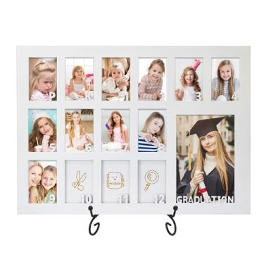 Imagem de FramePro Porta-retratos de anos escolares, pré-escolar a 12, moldura branca para colagem de presente de formatura com cavalete de suporte, exibe uma carteira de 10 x 15 cm e doze fotos de 5 x 7 cm