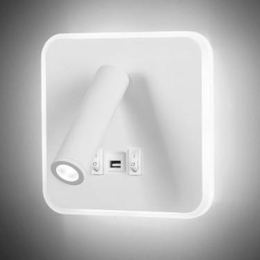 Imagem de Kawell Luminária De Parede Interna Led Com Interruptor Ajustável, Holofote Cabeceira, Luz Leitura Moderna, Porta Carregamento Usb Para Quarto, Sala Estar, Estudo, Biblioteca, Branco (Branco Frio)