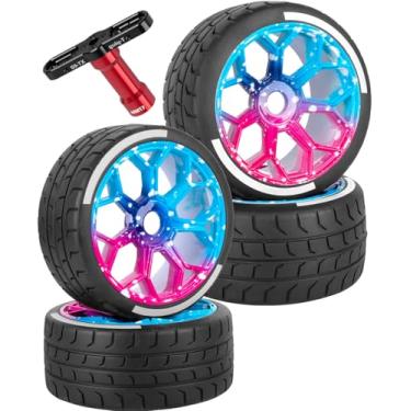 Imagem de BRCatWPark RC Wheel Highway Tires for 1/7 Arrma Felony 6S BLX,4pcs RC Wheel Rims & Rubber Tires,RC Drift Car Wheels and Tires,Blue Pink