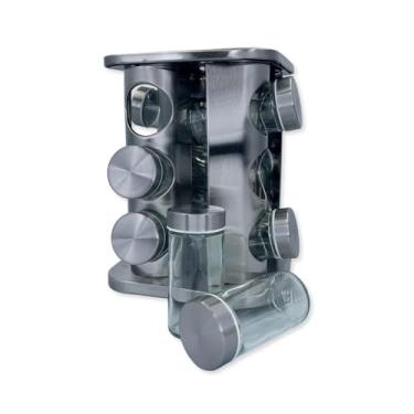 Imagem de Porta Temperos Giratório em Aço Inox com 12 Potes de Vidro, 80g, Base 360°, 21x16x18cm