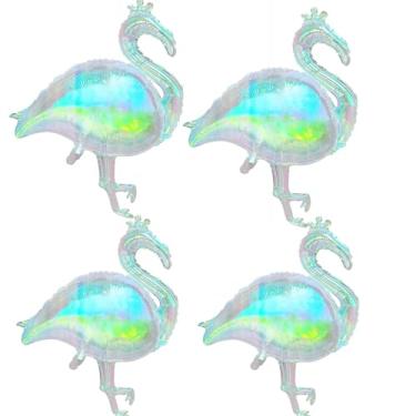 Imagem de 4 balões de flamingo iridescente, balão tropical de festa de verão para piscina de praia Aloha no Havaí, aniversário, chá de bebê, luau e artigos de festa temáticos de flamingo infantil