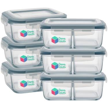 Imagem de Kit Pote Vidro 1040ML Vai ao Forno Microondas Hermético C/Divisória 6un