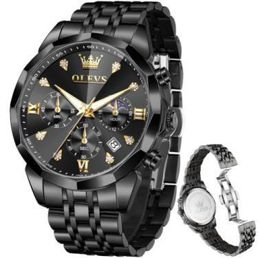 Imagem de OLEVS Relógios masculinos luxuosos, casuais, com mostrador grande, de aço inoxidável, à prova d'água, para negócios, analógico, luminoso, data, relógios masculinos, relógio masculino preto 76, relógio
