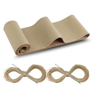 Imagem de Capa de volante de couro genuíno para carro, costura DIY com agulha e linha, respirável e antiderrapante, envoltório universal de costura de volante de carro de 38 cm (bege, furo)