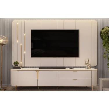 Imagem de Rack Bancada C/painel P/tv Até 75 Polegadas Celine 100% Mdf Led 241x189cm Off White - Dj Móveis