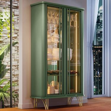 Imagem de Cristaleira De Vidro Com Espelho E Led évora Verde Pistache - Hb Móveis