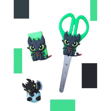 Imagem de Kit Escolar Dragão Banguela tesoura e borracha como treinar seu dragao 2 peças material escolar