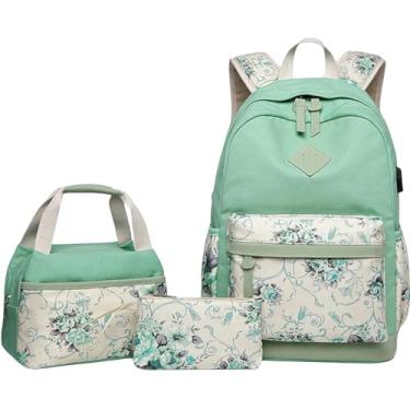 Imagem de Mochila Elegante Meninas Lona Saco Escolar Set - Mochila Escolar Floral, Mochila Laptop E Mochila De Viagem, Green, A
