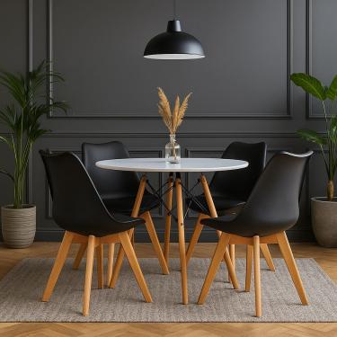 Imagem de Jogo Cozinha Sala Jantar Mesa Redonda Moderna 100cm Eiffel Cor Branco Com 4 Cadeiras Leda Wood Cor Preto