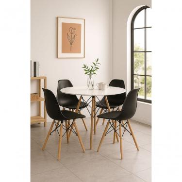 Imagem de Jogo Mesa Jantar Redonda Eiffel 90cm Branca Mdf Com 4 Cadeiras Moderna Charles Eames Pretas