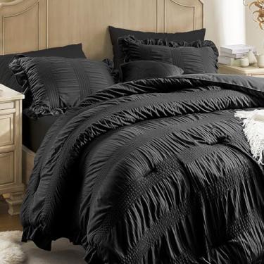 Imagem de QUIETSEA Conjunto de edredom King Seersucker 7 peças, luxuoso, com babados, para todas as estações, preto com edredom, fronhas, lençol de cima, lençol com elástico e fronhas