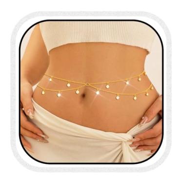 Imagem de Cosydays Corrente de cintura com strass em camadas, corrente dourada para biquíni de praia para mulheres e meninas, 42 inches, Liga metálica, Strass