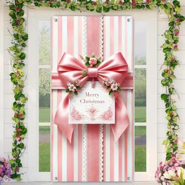 Imagem de BlissYard Banner rosa para porta de Natal 89,9 x 188 cm, caixa de presente para pendurar na parede com laço de cetim e placa floral de Feliz Natal para varanda da frente, decoração de férias internas
