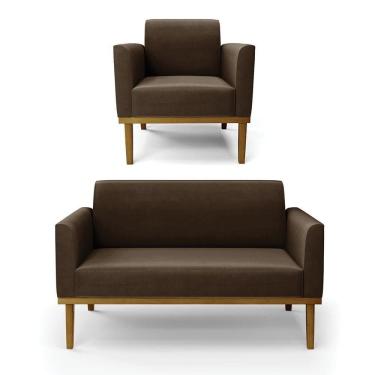 Imagem de Sofá Namoradeira Com Poltrona Base De Madeira Fixa Castanho Marisa Suede D03 - D?rossi Cor Marrom