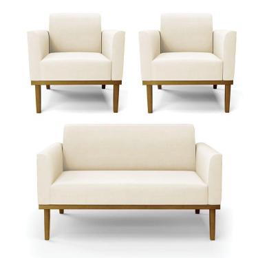 Imagem de Sofá Namoradeira Com 2 Poltronas Base De Madeira Fixa Castanho Marisa Veludo D03 - D?rossi Cor Bege