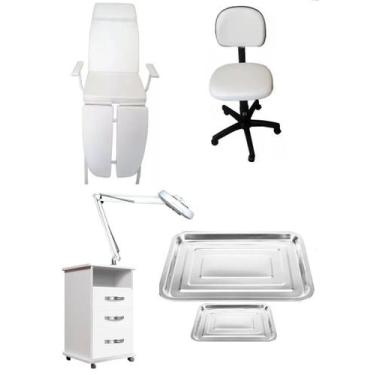 Imagem de Kit Podologia Cadeira Luminária Com Exaustor Armário Mocho Brinde Lupa
