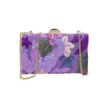 Imagem de QWINEE Bolsa feminina floral de lantejoulas brilhantes para noite Mini bolsa transversal bolsa clutch para festa de casamento, Roxa, One Size