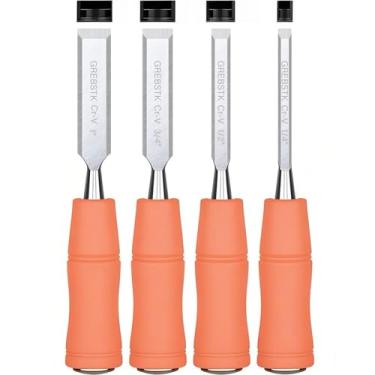 Imagem de Conjuntos de ferramentas de cinzel de madeira profissional cromado robusto Vanádio aço inoxidável ferramentas de madeira para talhar facas/kit de cinzel, 4 peças, 1/4", 1/2", 3/4", 1", GREBSTK, Orange with Oxford bag