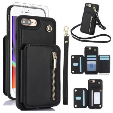 Imagem de Capa de celular para iPhone 7plus 8plus 7/8 Plus RFID carteira com zíper com protetor de tela, alça transversal, compartimento para cartão de crédito, suporte para celular i Phone7s 7s + 7+ 8s 8+
