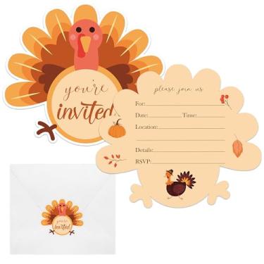 Imagem de Lucleag Pacote com 30 cartões de convites para festa de Ação de Graças com envelopes e adesivos, cartões de convite para jantar de Ação de Graças em forma de peru para casamento, aniversário, chá de