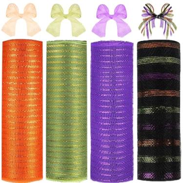 Imagem de Fita de malha de poliéster de Halloween com 4 rolos, 25,4 cm x 7,6 m, fita de malha metálica de poli verde, roxo e preto, rolos de malha decorativa para decoração de festa
