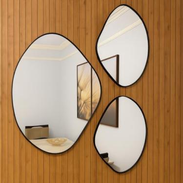 Imagem de Kit 3 Espelhos Orgânicos Decorativos Vidro Lapidado Couro Preto – 2 Unidades 60x40cm + 1 Unidade 80x60cm Design Moderno Moldura Premium