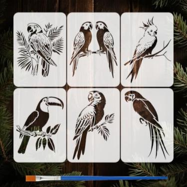 Imagem de FINGERINSPIRE 6 peças de estênceis de papagaio com pincel de plástico 21 x 29 cm, estênceis de arara, papagaio, pássaro, para pintura, estêncil de papagaio, reutilizável, modelos de arte e artesanato