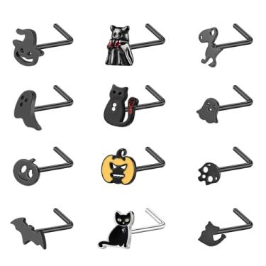 Imagem de ZS 12 peças de anel de nariz hipoalergênico de aço inoxidável 20G - Halloween morcego caveira abóbora em forma de L parafuso de rolhas prata preto piercing de narina joia para mulheres e homens (A