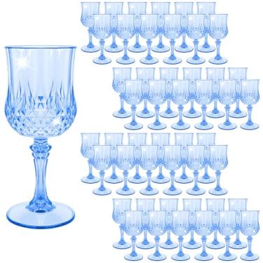 Imagem de FXKS Pacote com 48 taças de vinho, taças de vinho de plástico azul claro, taças de plástico vintage para festas, copos de água de cristal, reutilizáveis para recepção de casamento, suprimentos de