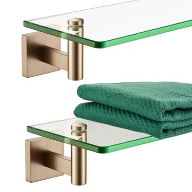 Imagem de KOKOSIRI Prateleiras de parede, ferragens de banheiro, vidro temperado, prateleira flutuante para pendurar armazenamento/decoração de quarto, 50 cm, bronze champanhe, pacote com 2, B1105CPG-L20-P2
