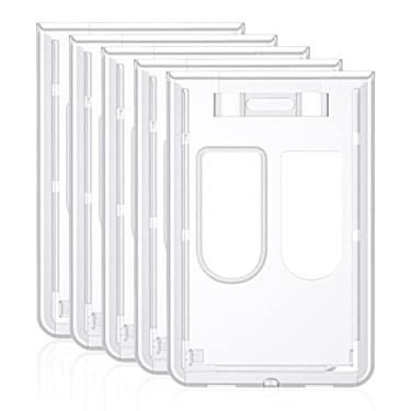 Imagem de Uniclife Pacote com 5 porta-crachás vertical com 2 cartões, estojo de plástico fosco rígido com compartimentos para polegar, bolsa protetora para cartões, com proteção UV para escritórios, escolas