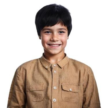 Imagem de Edivd Peruca preta para meninos e crianças, preta, reta para crianças, perucas sintéticas resistentes ao calor com touca