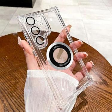 Imagem de HJZSZX Para Samsung S24Ultra Luxury Plating Magnetic Clear Case Capa de proteção de lente à prova de choque (para Samsung S24Ultra/transparente)