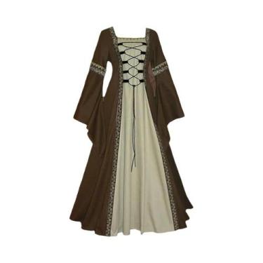 Imagem de Vestido Longo Gótico Com Mangas Sino, Gola Quadrada, Detalhes Em Renda