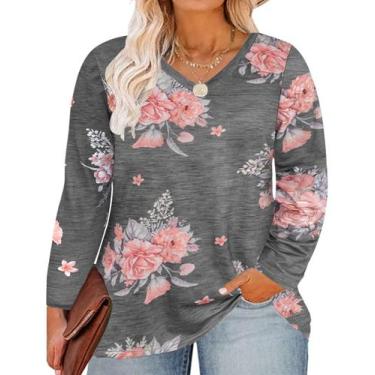 Imagem de Top RITERA Plus Size com decote em V, cinza, floral, manga comprida, f