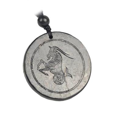 Imagem de LWQCHW Colar com pingente Shungite do Zodíaco - Pedra de cura natural com símbolo de constelação gravado para amantes de astrologia, Pedra, Shungite