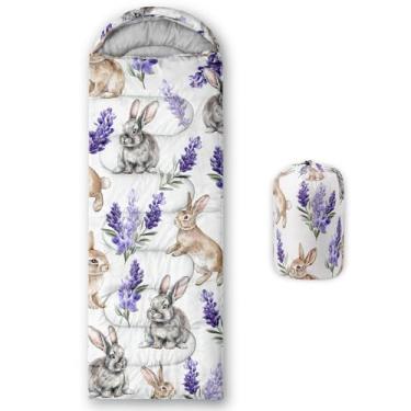 Imagem de AILONEN Saco de dormir fofo de coelho para adultos, crianças, clima quente e frio, leve e impermeável, portátil, saco de dormir com estampa de coelho de lavanda, viagens, acampamento, caminhada