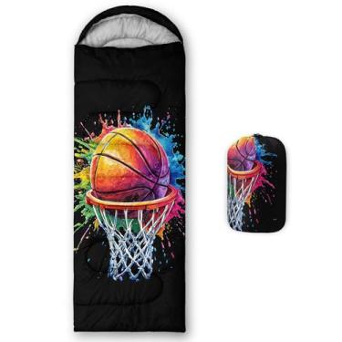 Imagem de AILONEN Saco de dormir de basquete de desenho animado, clima quente e frio, leve, à prova d'água, aquarela tie dye basquete impresso saco de dormir com tema esportivo, viagem, ar livre