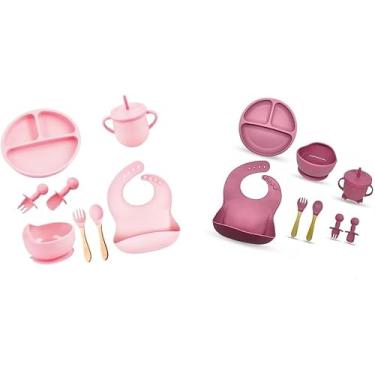 Imagem de kit alimentação bebê 8 PEÇAS , kit introdução alimentar, kit alimentação silicone JOGO COMPLETO PARA INTRODUÇÃO ALIMENTAR 100% livre de BPA Atoxico antibacteriano seguro. ROSA ESCURO ou CLARO (SORTIDOS)