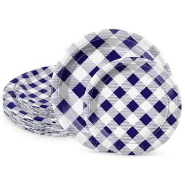 Imagem de LIKAJON 50 peças de pratos de papel xadrez azul escuro e branco, 25 peças de 23 cm e 25 peças de 18 cm pratos de sobremesa descartáveis azul escuro para formatura, casamento, chá de bebê, festa de